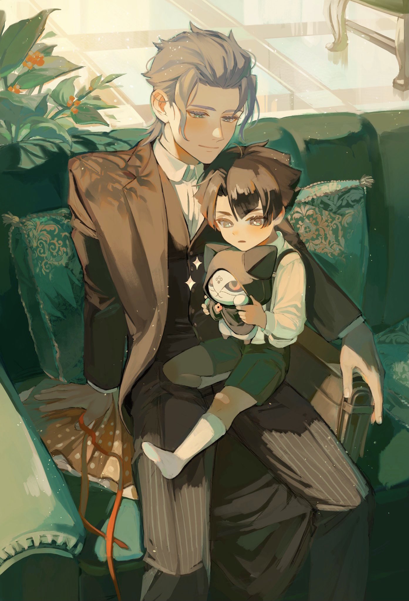 2boys, ace_attorney, age_difference, ato_(ml_cc_g), bangs, barok_van_zieks, black_coat, black_hair