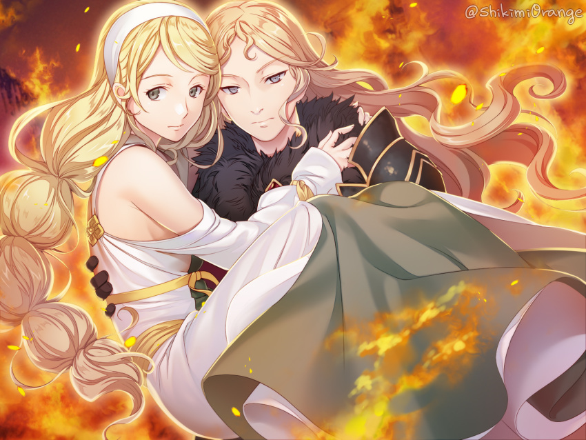2girls, armor, artist_name, avlora_(triangle_strategy), bangs, black_eyes, blonde_hair, carrying, closed_mouth, cordelia_glenbrook, dress, feet_out_of_frame, fire, fur_collar, grey_eyes, highres, long_hair, looking_at_viewer, multiple_girls, princess_carry, shikimiorange, shoulder_armor, swept_bangs, triangle_strategy, twitter_username, upper_body, white_dress