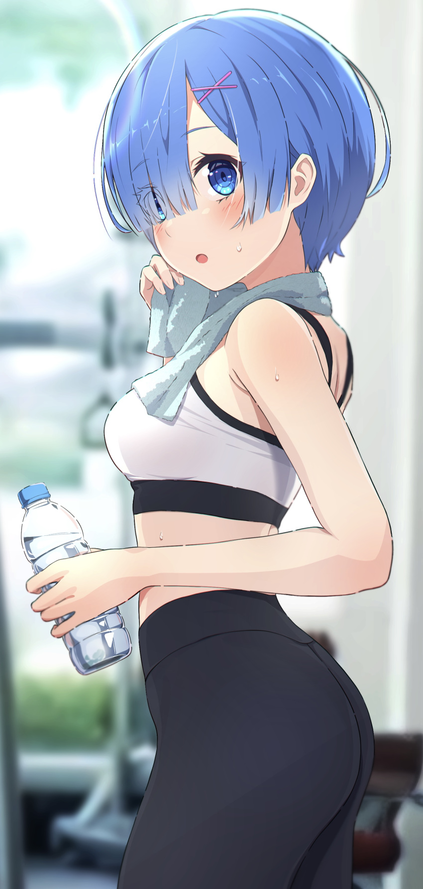 1girl, absurdres, ass, blue_eyes, blue_hair, blurry, blurry_background, blush
