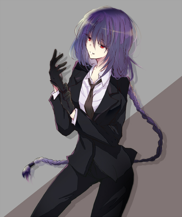 1girl, adjusting_clothes, adjusting_gloves, alternate_costume, black_gloves, black_jacket, black_necktie, black_pants