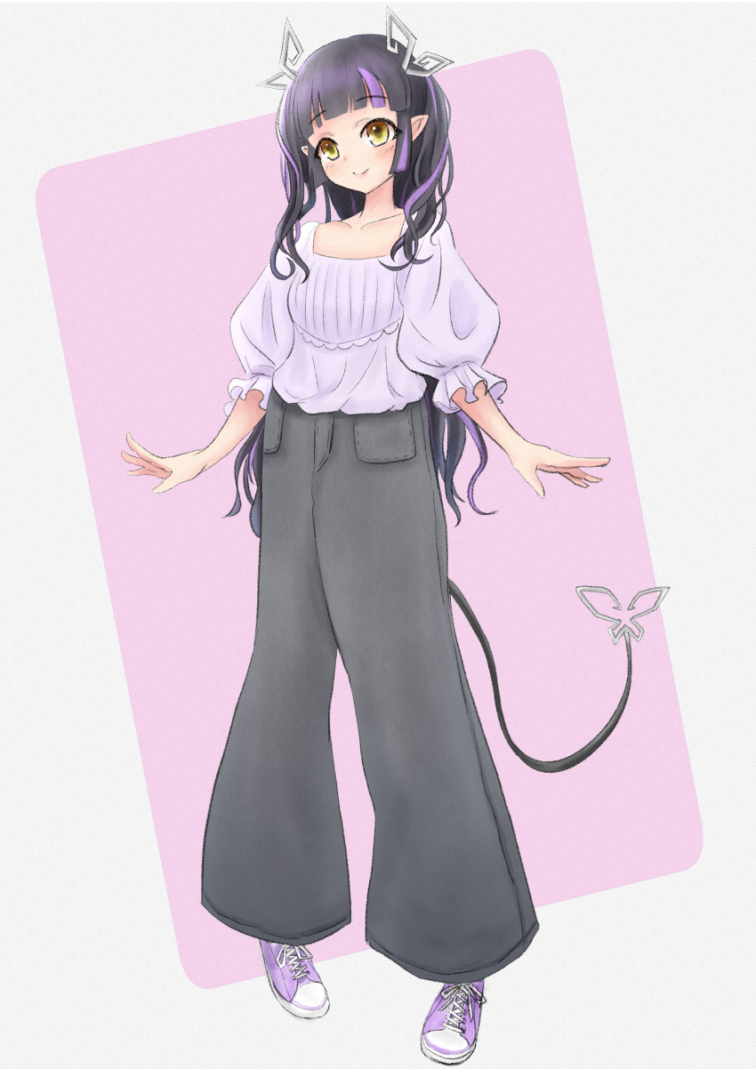 1girl, absurdres, alternate_costume, bangs, black_hair, black_pants, blunt_bangs, blush