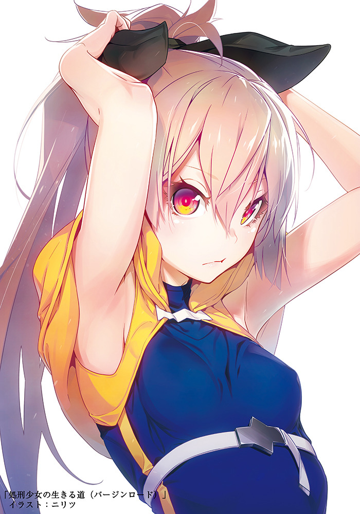 1girl, armpits, arms_behind_head, arms_up, black_ribbon, blonde_hair, breasts, hair_ribbon