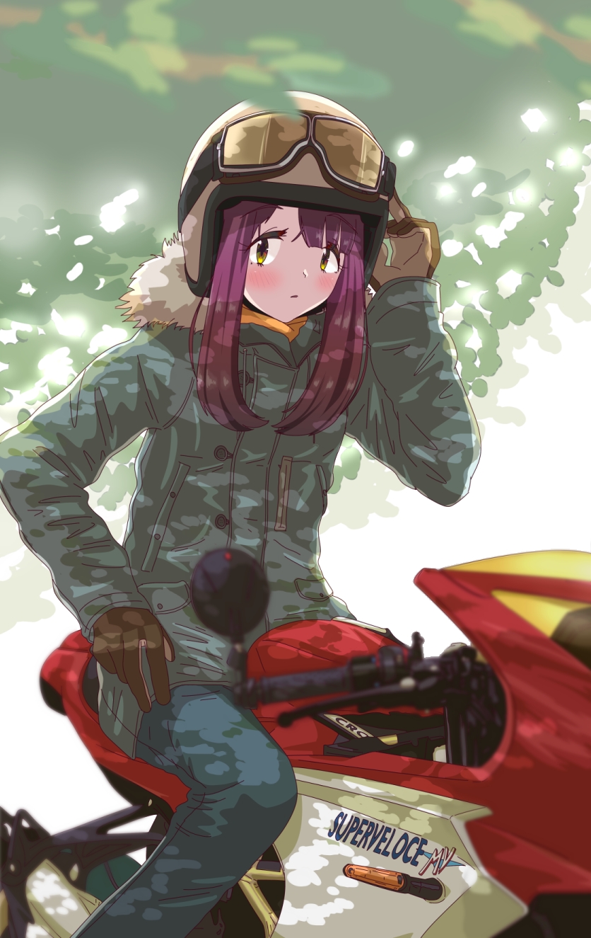 1girl, blurry, blurry_foreground, brown_hair, dappled_sunlight, gloves, goggles, goggles_on_headwear