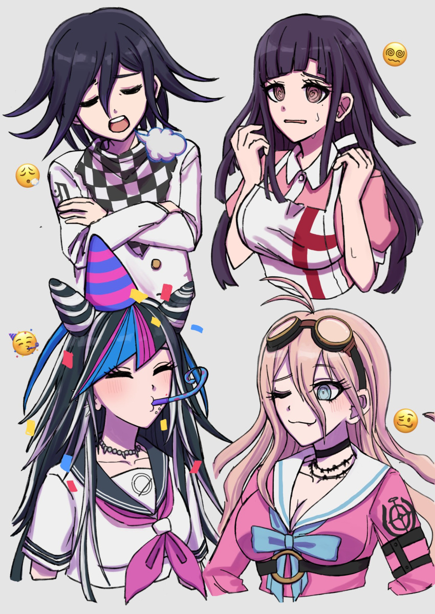 1boy, 3girls, antenna_hair, apron, arironpawa, bangs, barbed_wire, black_choker