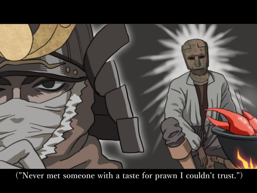 2boys, armor, black_eyes, blackguard_big_boggart, elden_ring, english_text, grey_pants, hand_on_own_chin