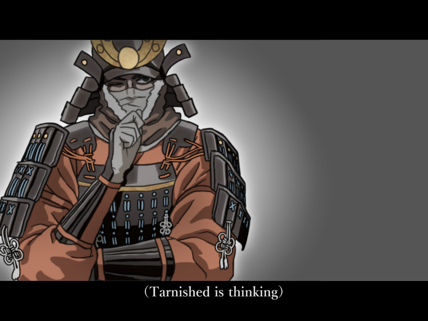 armor, black_eyes, elden_ring, english_text, grey_background, hand_on_own_chin, hand_up, helmet