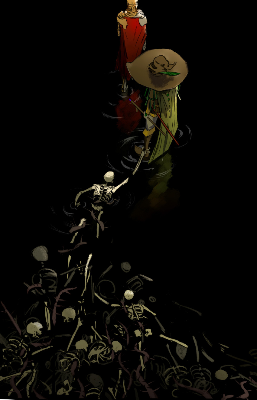 2boys, absurdres, ankle_grab, boots, brown_footwear, brown_headwear, cape, d_hunter_of_the_dead