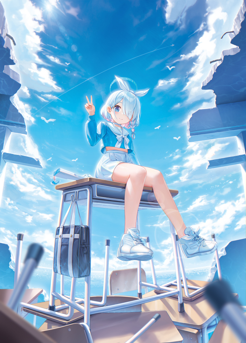 1girl, absurdres, arona_(blue_archive), bag, bangs, bird, blue_archive, blue_eyes, blue_hair, blue_shirt, blue_sky, blurry, blush, bokeh, bow, bow_hairband, bowtie, braid, broken_ceiling, broken_wall, chair, choker, closed_mouth, colored_inner_hair, commentary, contrail, cross-laced_footwear, cryturtle, day, depth_of_field, desk, english_commentary, hair_behind_ear, hair_over_one_eye, hairband, halo, hand_up, highres, long_sleeves, looking_at_viewer, looking_down, midriff_peek, miniskirt, multicolored_hair, on_desk, one_eye_covered, outdoors, pink_hair, pleated_skirt, ribbon, ruins, school_bag, school_chair, school_desk, school_uniform, shirt, shirt_overhang, shoe_soles, shoes, short_hair, short_hair_with_long_locks, side_braid, single_braid, sitting, skirt, sky, smile, sneakers, solo, streaked_hair, swept_bangs, v, white_bow, white_bowtie, white_footwear, white_ribbon, white_skirt