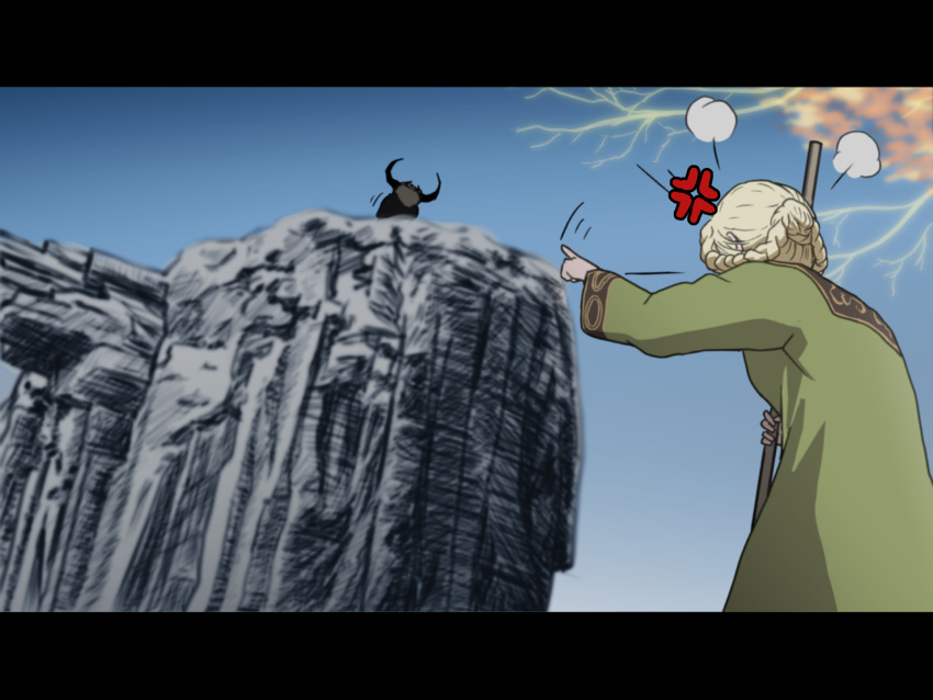 1girl, anger_vein, angry, blonde_hair, braid, broom, cliff, dress