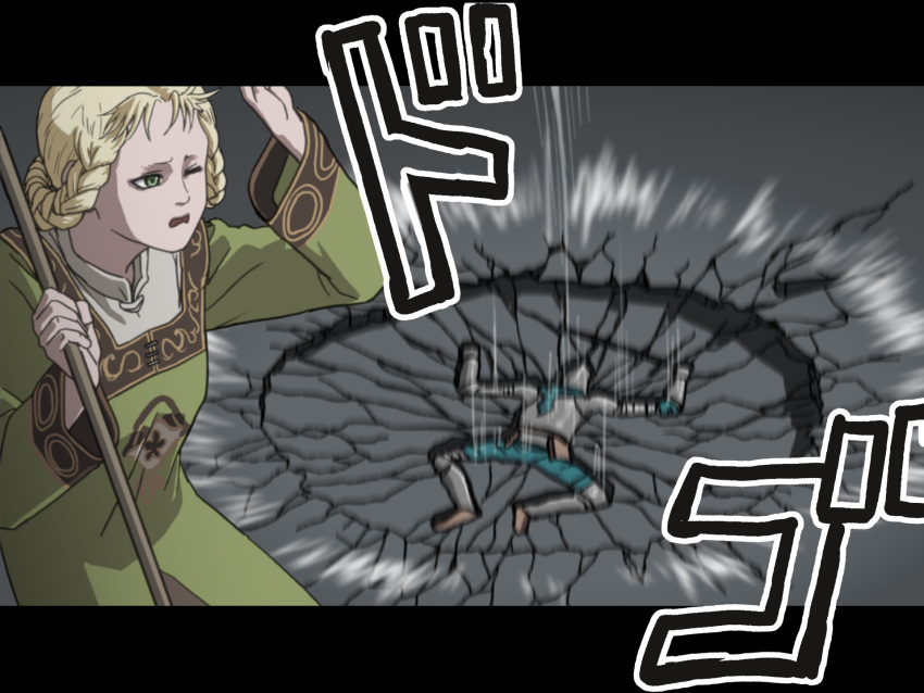 blonde_hair, broom, crater, d:, dress, elden_ring, green_dress, green_eyes