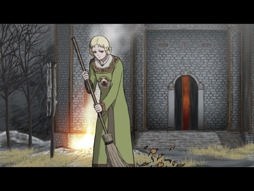 1girl, blonde_hair, broom, closed_mouth, corpse, dress, elden_ring, green_dress
