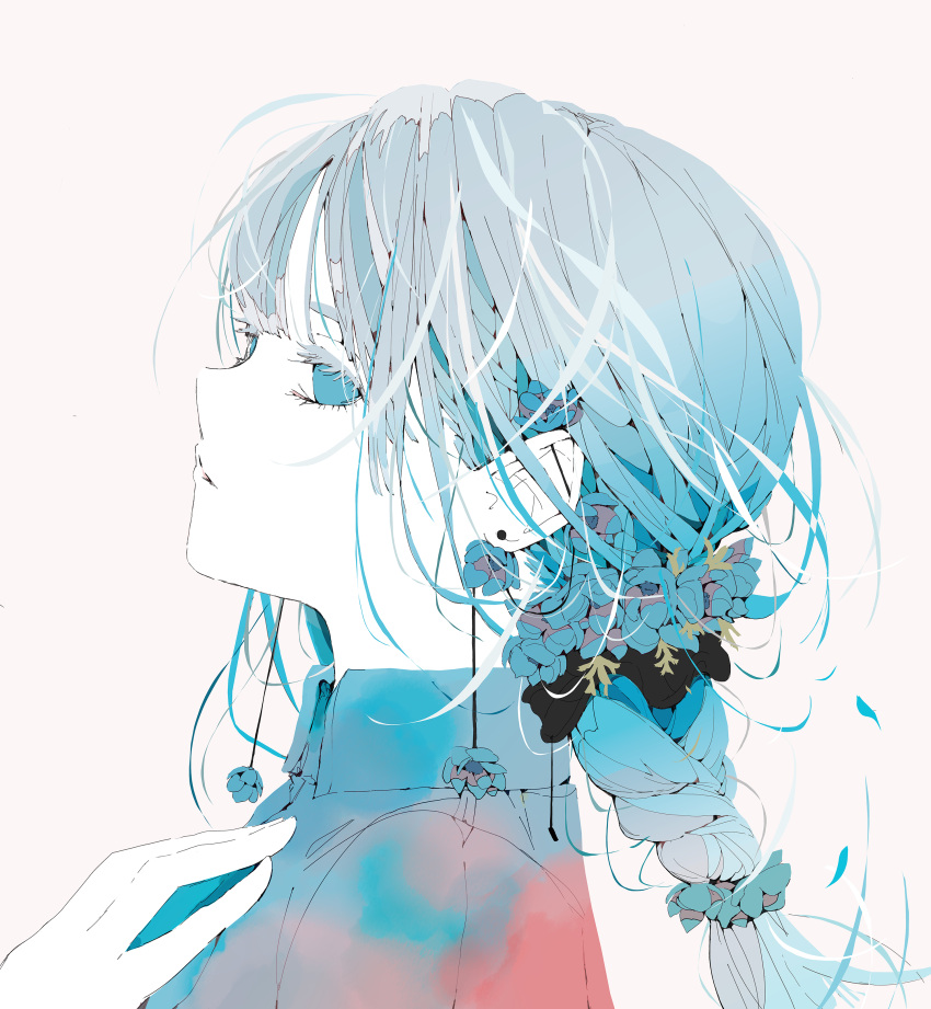 1girl, absurdres, bangs, blue_eyes, blue_hair, braid, ear_piercing, earrings, flower, hair_ornament, highres, jewelry, long_hair, nocopyrightgirl, original, piercing, solo, white_background