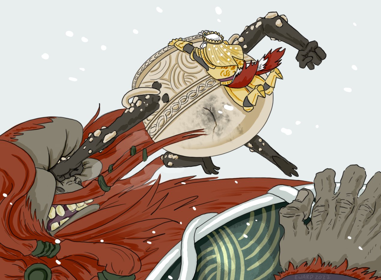 1other, 2boys, beard, clinging, elden_ring, emma_ward, facial_hair, fire_giant_(elden_ring)