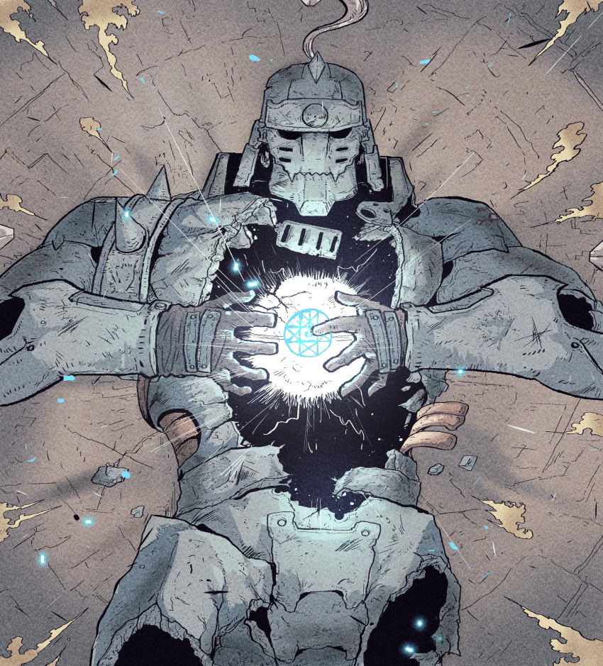 1boy, absurdres, alphonse_elric, armor, broken_armor, from_above, fullmetal_alchemist, han_gong, helmet, highres, magic, magic_circle, plume, solo, spoilers
