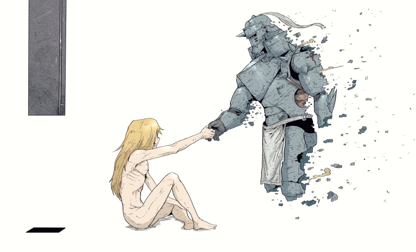 2boys, absurdres, alphonse_elric, armor, blonde_hair, completely_nude, disintegration, edward_elric