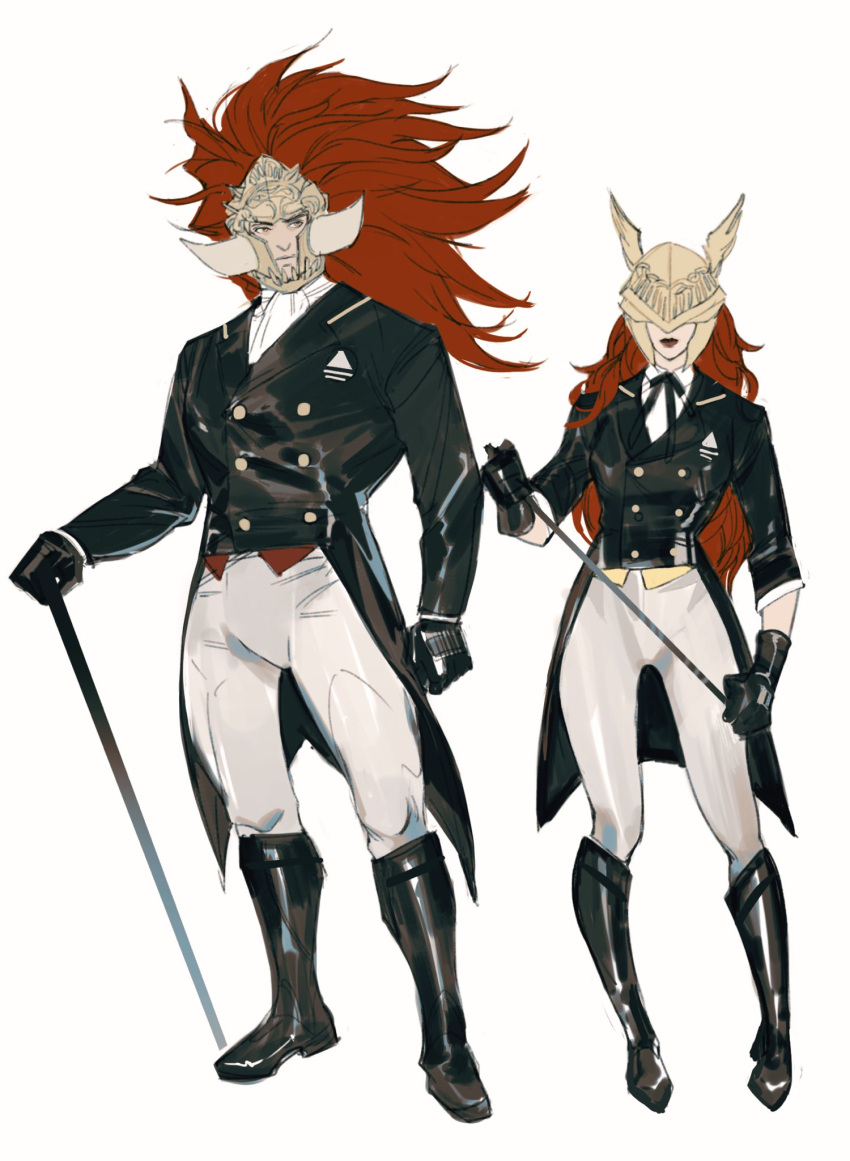 black_coat, black_footwear, black_gloves, black_ribbon, boots, buttons, closed_mouth, coat, contemporary, double-breasted, elden_ring, fake_horns, gloves, helmet, highres, holding, horned_helmet, horns, long_hair, malenia_blade_of_miquella, neck_ribbon, pants, redhead, ribbon, riding_crop, shadderfans, shirt, standing, starscourge_radahn, tailcoat, white_pants, white_shirt, winged_helmet
