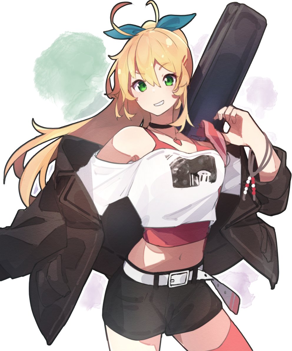 1girl, antenna_hair, bead_bracelet, beads, belt, black_jacket, black_shorts, blonde_hair