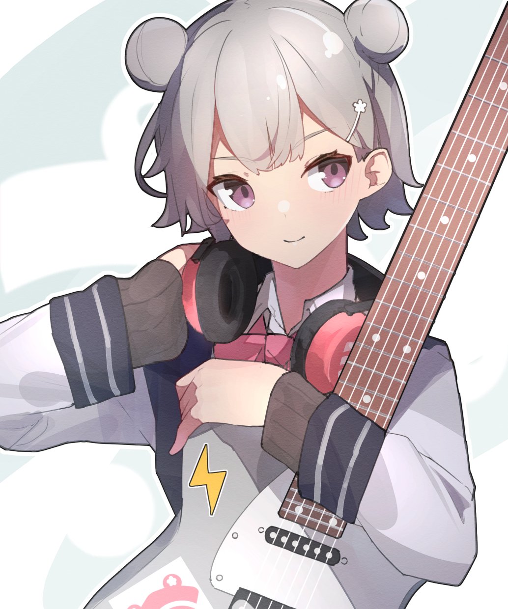 1girl, blazer, blue_jacket, bow, bowtie, cevio, commentary, double_bun, electric_guitar, grey_hair, grey_sweater, guitar, hair_ornament, hairclip, hands_on_headphones, headphones, headphones_around_neck, highres, holding, holding_instrument, instrument, jacket, koharu_rikka, lightning_bolt_symbol, logo, mo_kiduti, pink_bow, pink_bowtie, short_hair, sideways_glance, smile, solo, sweater, synthesizer_v, upper_body, violet_eyes