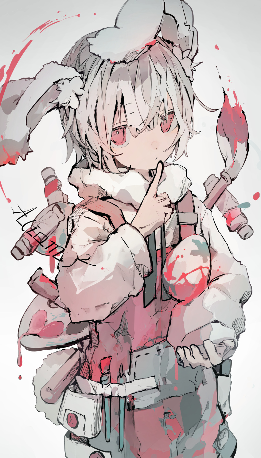 1boy, absurdres, aiamu_iamu, animal_ear_fluff, animal_ears, artist_name, bangs, egg, eyebrows_visible_through_hair, finger_to_mouth, grey_background, highres, long_sleeves, original, paint, paintbrush, palette_(object), rabbit_ears, rabbit_tail, short_hair, signature, simple_background, tail, white_hair