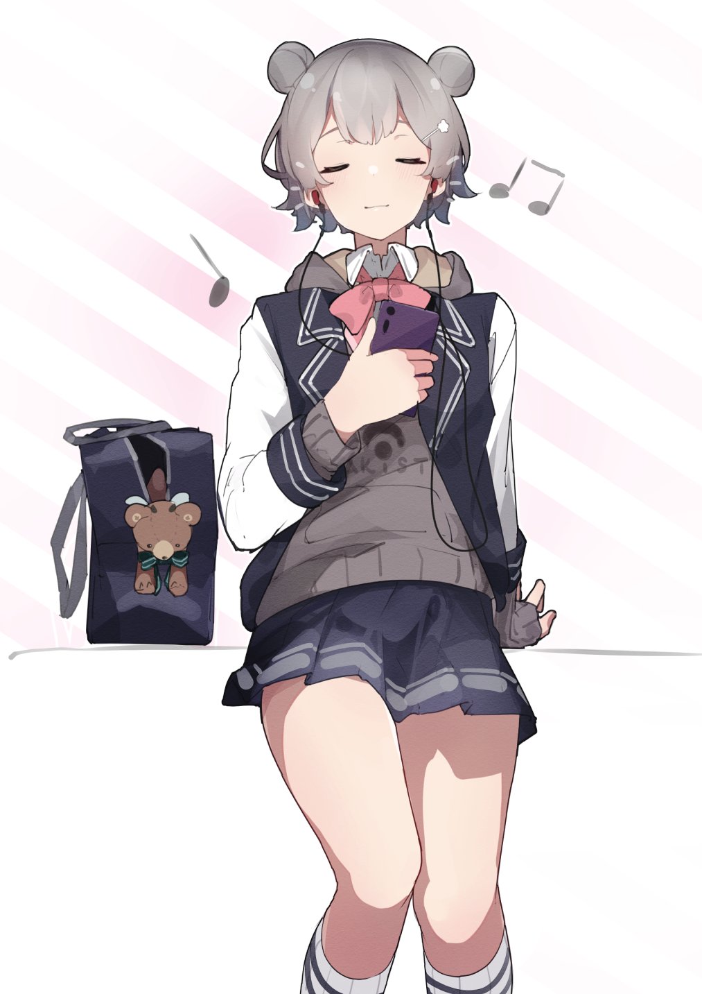 1girl, arm_support, bag, beamed_eighth_notes, blazer, blue_jacket, blue_skirt, bow