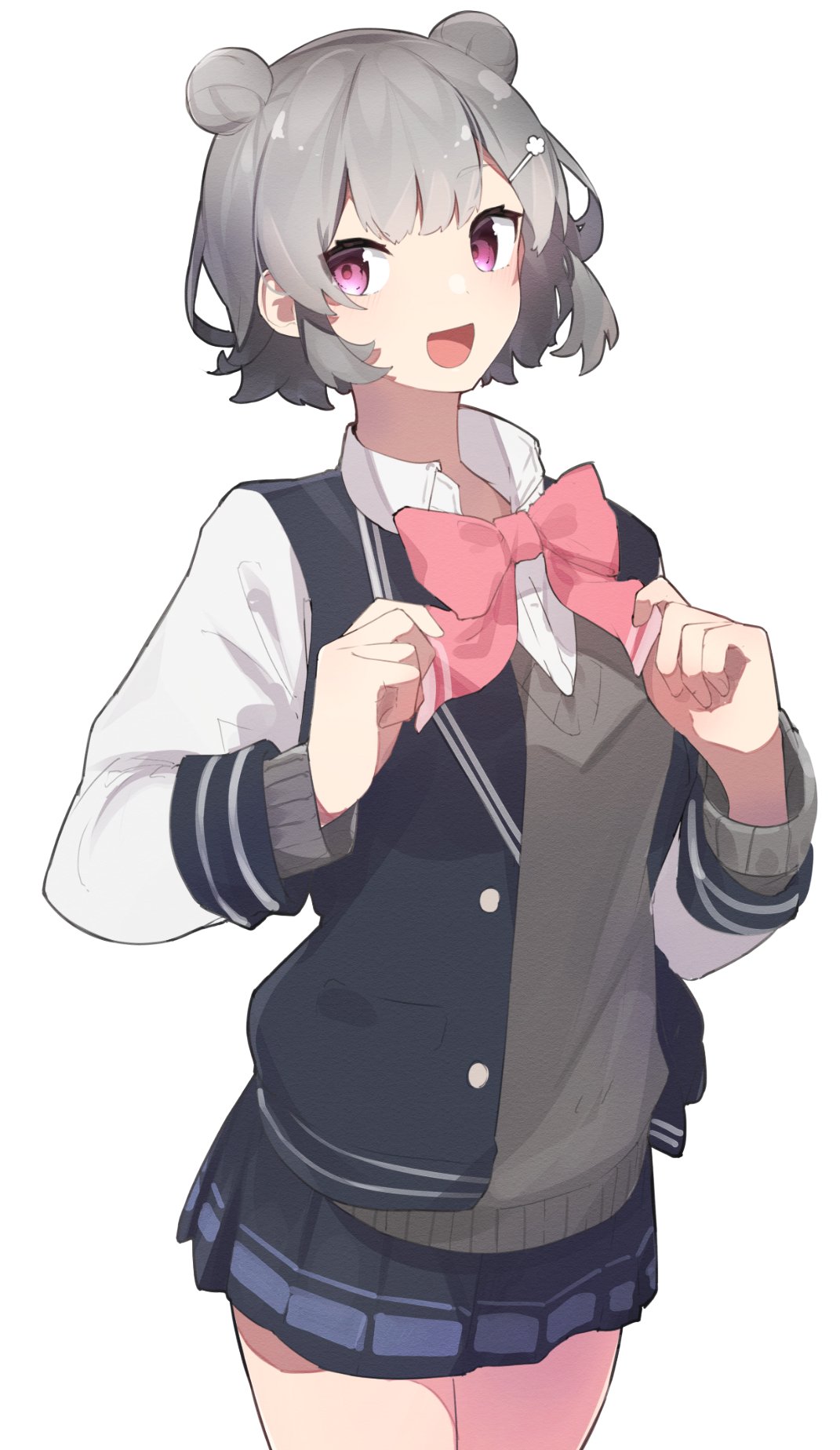 1girl, adjusting_bowtie, blazer, blue_jacket, blue_skirt, bow, bowtie, cevio, commentary, cowboy_shot, double_bun, film_grain, grey_hair, grey_sweater, hair_ornament, hairclip, hands_up, highres, jacket, koharu_rikka, looking_at_viewer, miniskirt, mo_kiduti, open_mouth, pink_bow, pink_bowtie, pleated_skirt, school_uniform, shirt, short_hair, simple_background, skirt, smile, solo, sweater, synthesizer_v, violet_eyes, white_background, white_shirt