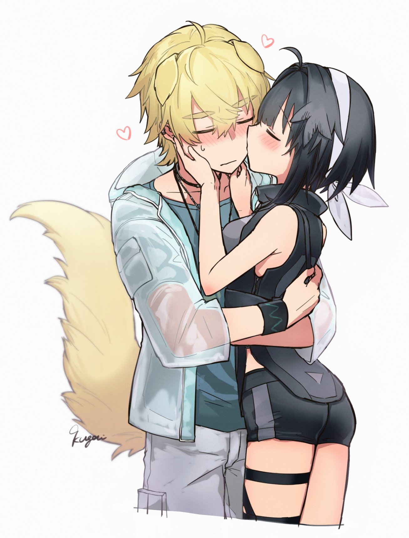 1boy, 1girl, 9kugai, animal_ears, arknights, black_hair, blonde_hair, brother_and_sister, closed_eyes, dog_boy, dog_ears, dog_tail, embarrassed, feather_hair, heart, highres, hug, kiss, kissing_cheek, la_pluma_(arknights), short_hair, siblings, simple_background, tail, tequila_(arknights)