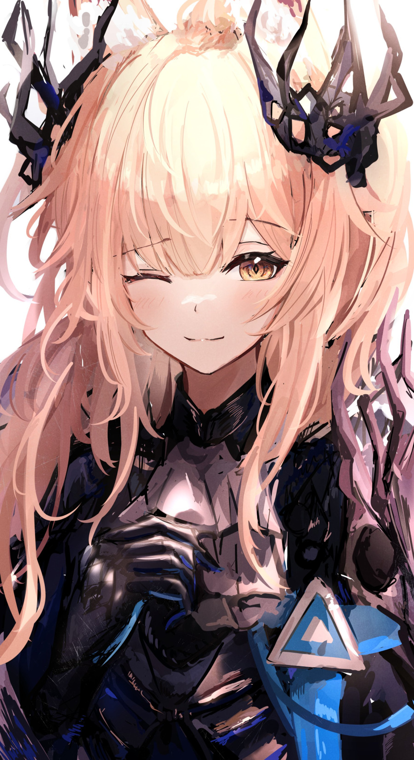 1girl, ;), absurdres, animal_ear_fluff, animal_ears, arknights, armor, ascot