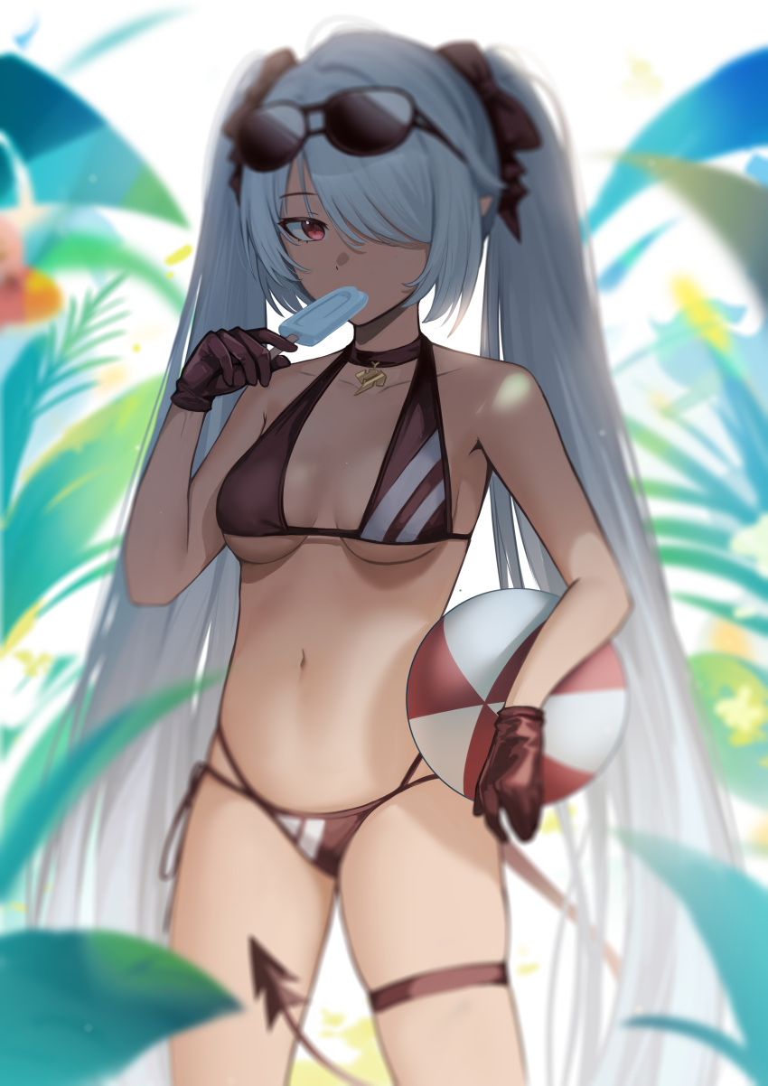 1girl, 2r-_(pixiv8168114), absurdres, ball, bare_shoulders, beachball, bikini, black_bikini