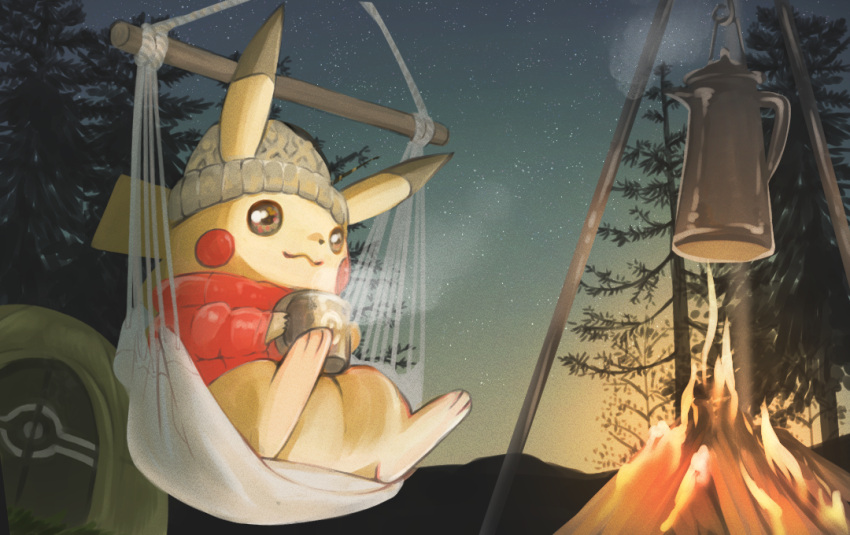 :3, beanie, brown_eyes, campfire, camping, closed_mouth, clothed_pokemon, commentary_request