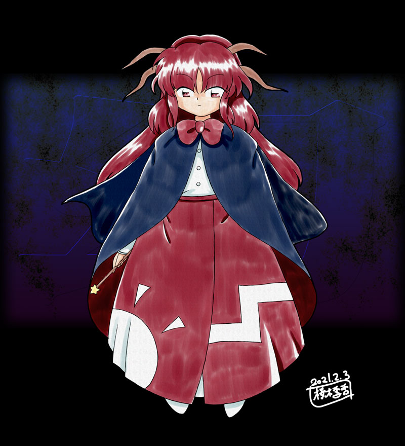 1girl, bangs, black_background, blue_background, blue_cloak, bow, bowtie, buttons