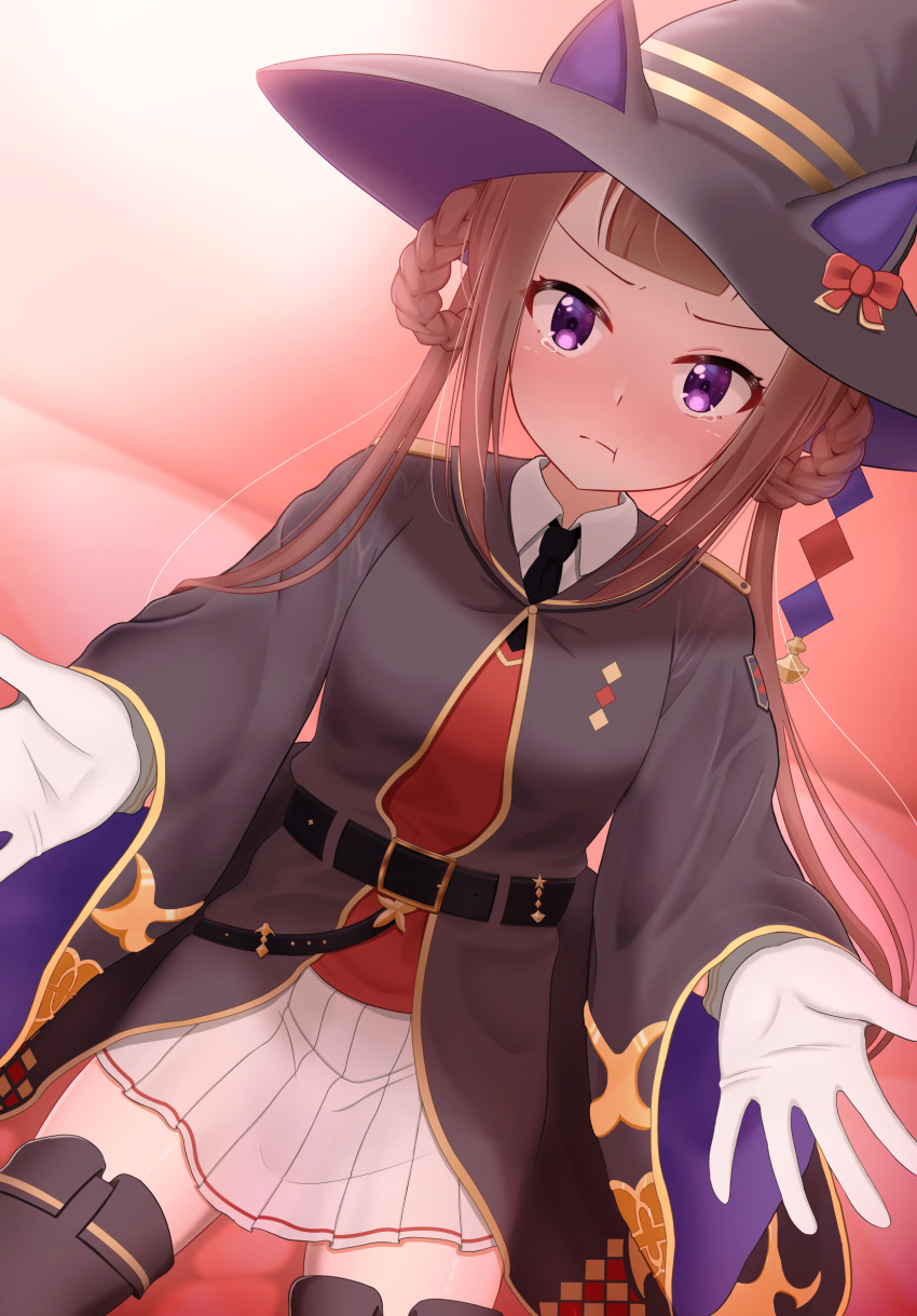 animal_ears, brown_hair, commentary_request, gloves, hair_rings, hat, highres, horse_ears