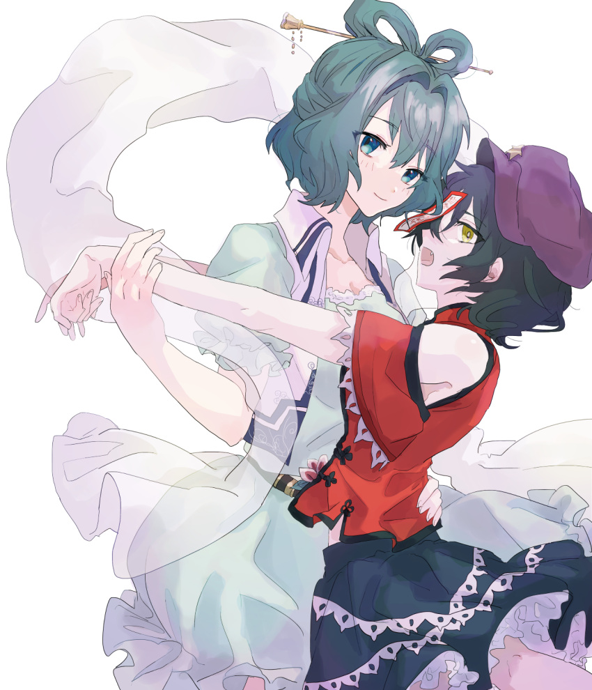 2girls, adapted_costume, bare_shoulders, belt, beret, black_skirt, blue_dress, blue_eyes