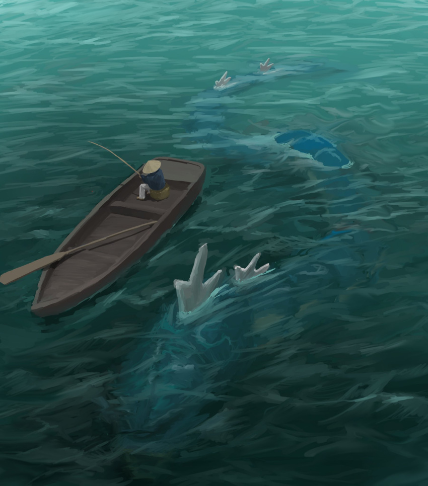 1boy, blue_shirt, brown_footwear, commentary_request, day, fishing_rod, futena_goze, gyarados