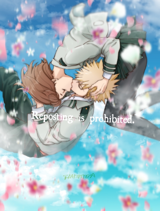 1boy, 1girl, bakugou_katsuki, blazer, blonde_hair, boku_no_hero_academia, brown_hair, closed_eyes