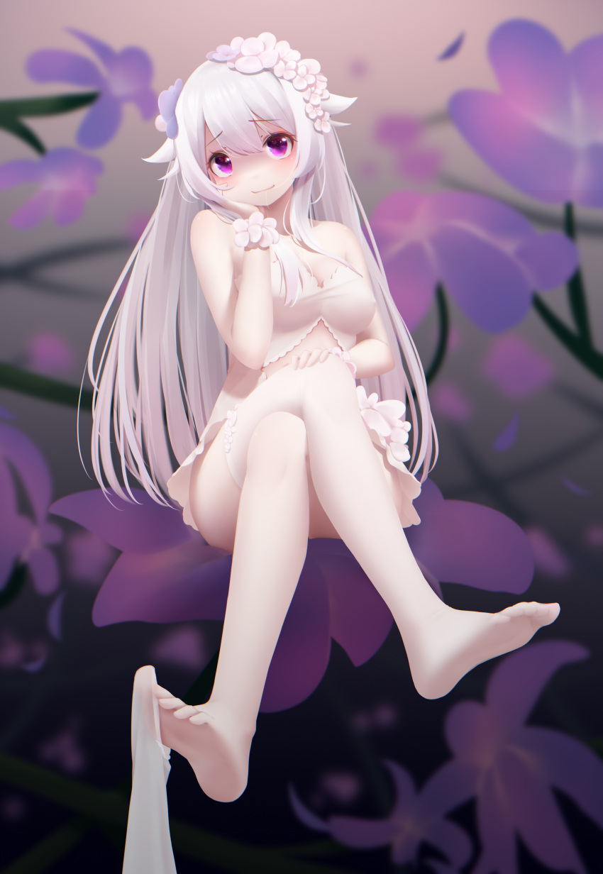 1girl, absurdres, bangs, bare_shoulders, barefoot, blurry, blurry_background, breasts