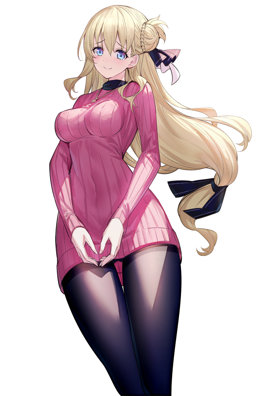 1girl, agnes_claudel, ass_visible_through_thighs, bangs, black_legwear, black_ribbon, blonde_hair, blue_eyes