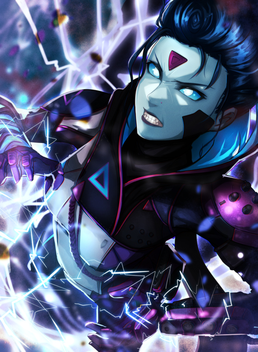 1girl, apex_legends, blue_bodysuit, blue_hair, blue_sclera, blue_skin, bodysuit, breasts