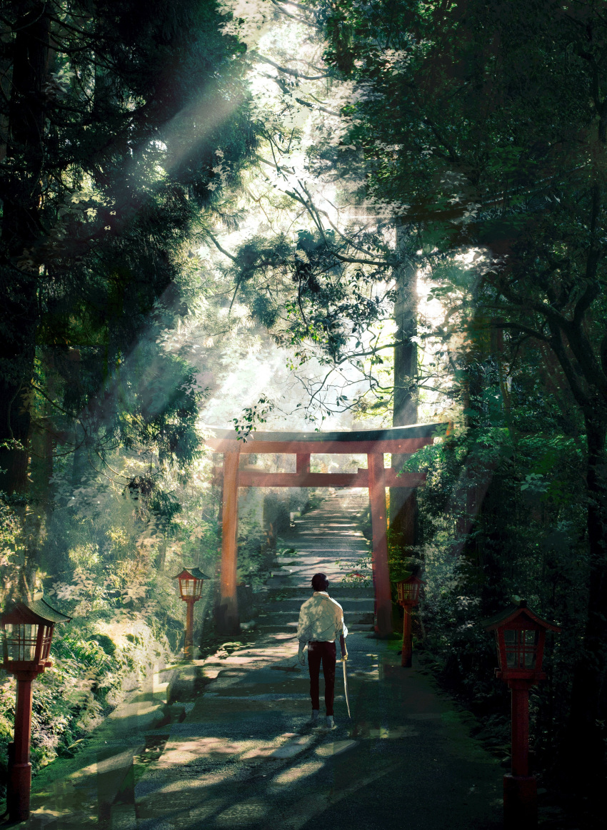 1boy, absurdres, black_hair, forest, highres, jujutsu_kaisen, katana, key2_0209, nature, okkotsu_yuuta, scenery, shirt, sunlight, sword, torii, tree, weapon, white_footwear, white_shirt