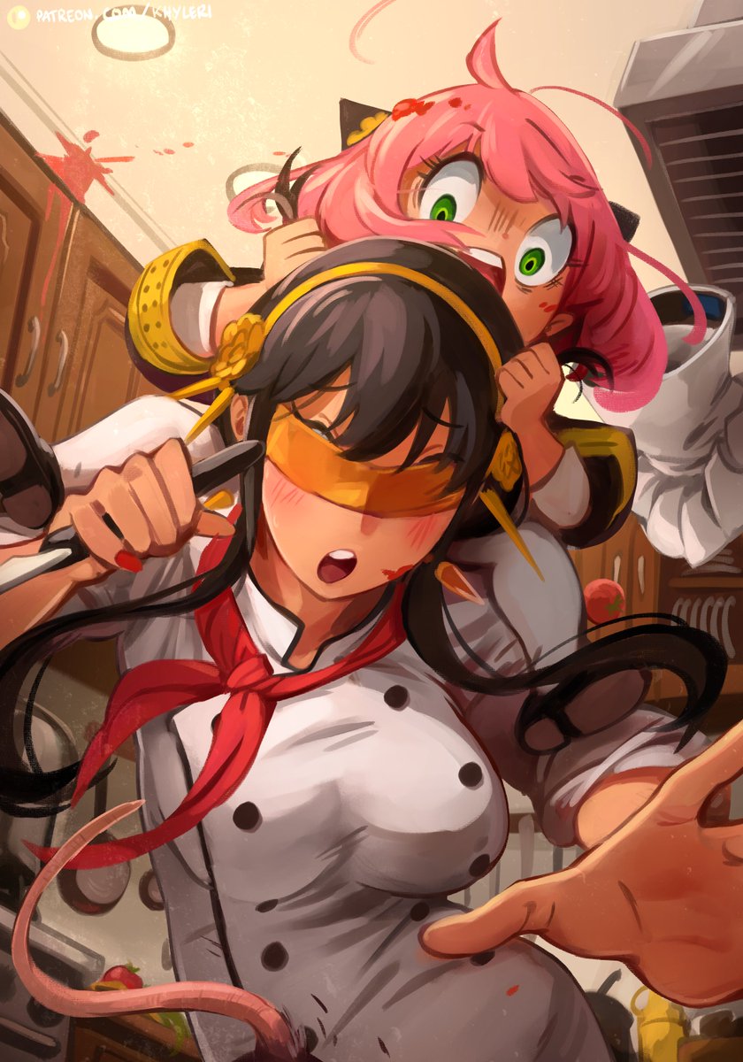 2girls, ahoge, anya_(spy_x_family), bangs, black_dress, black_footwear, black_hair, blindfold