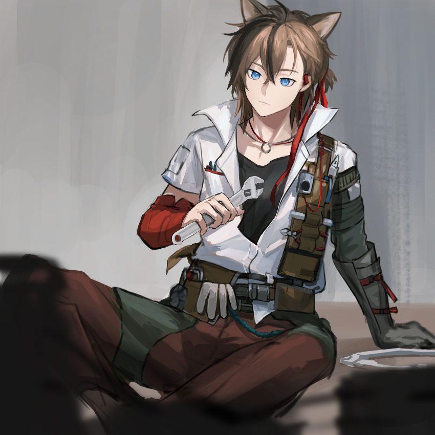 1boy, absurdres, animal_ears, arknights, armband, belt, black_shirt, blue_eyes