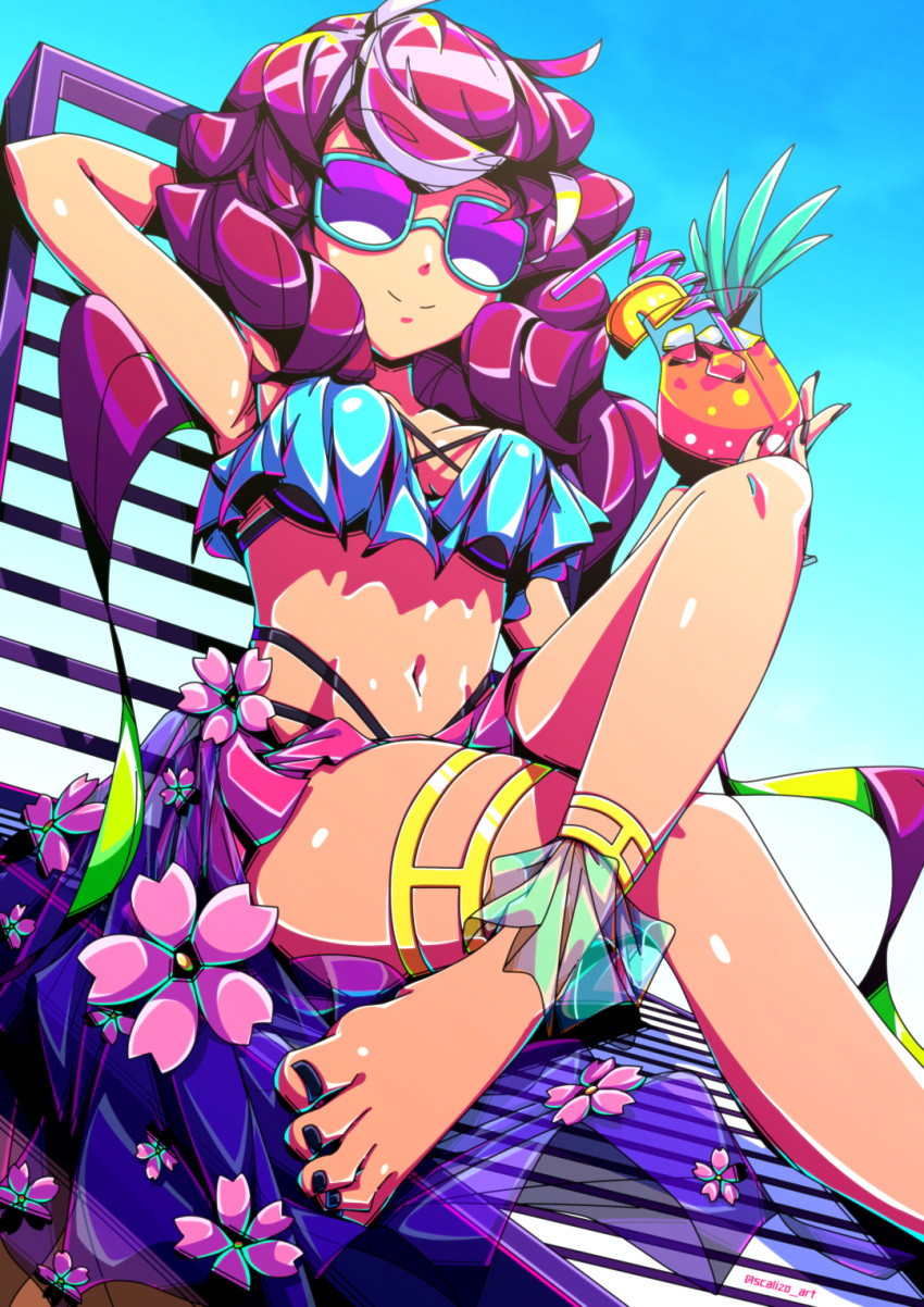 1girl, ankle_strap, arm_behind_head, bangs, barefoot, beach_chair, bikini, black_nails, blue_bikini, borrowed_character, breasts, crossed_legs, cup, drinking_glass, drinking_straw, eyebrows_visible_through_hair, highres, long_hair, navel, original, outdoors, purple_hair, scalizo, sitting, smile, solo, sunglasses, swimsuit, thigh_strap