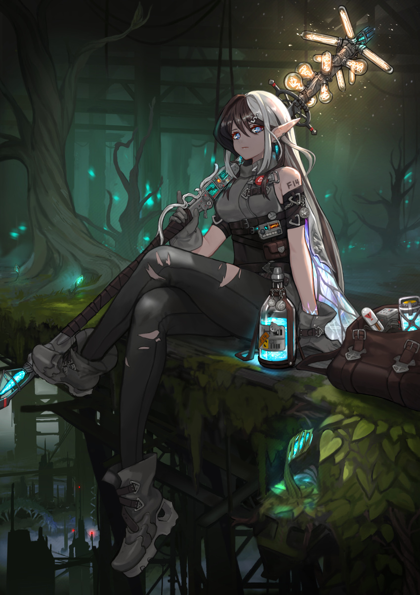 1girl, absurdres, ankle_boots, bag, bangs, black_pants, blue_eyes, boots