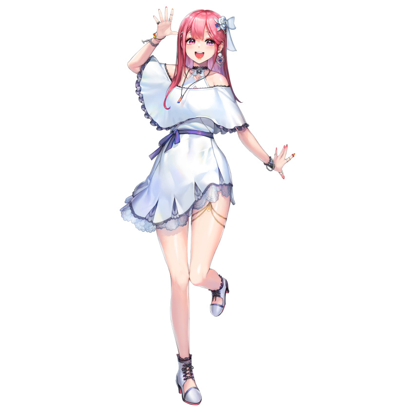 1girl, bangs, blush, bow, bracelet, bumcha, casual, dress
