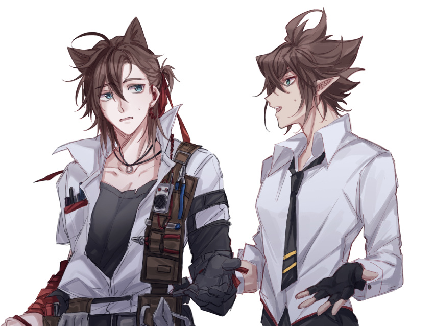 2boys, ahoge, anmicius, aotu_world, arknights, belt, bishounen, black_gloves