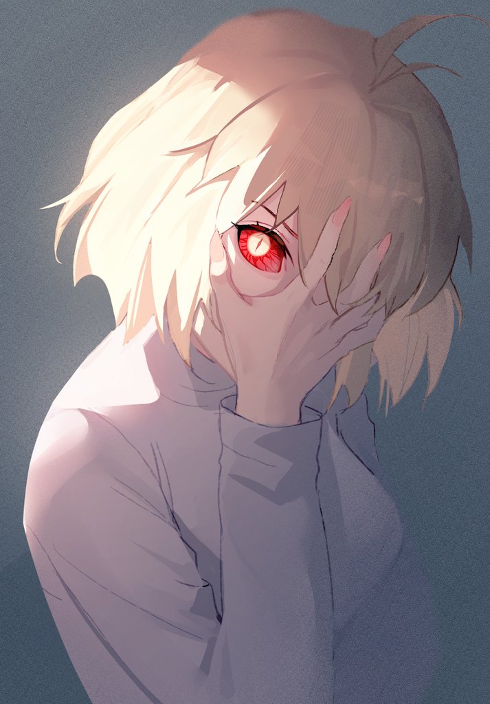1girl, arcueid_brunestud, blonde_hair, colored_sclera, drid, grey_background, hand_on_own_face, long_sleeves
