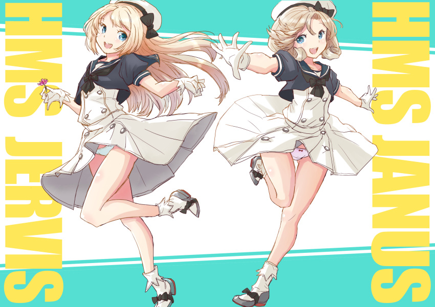 beret, blue_eyes, bow, bow_panties, character_name, fuji_(pixiv24804665), gloves, hat