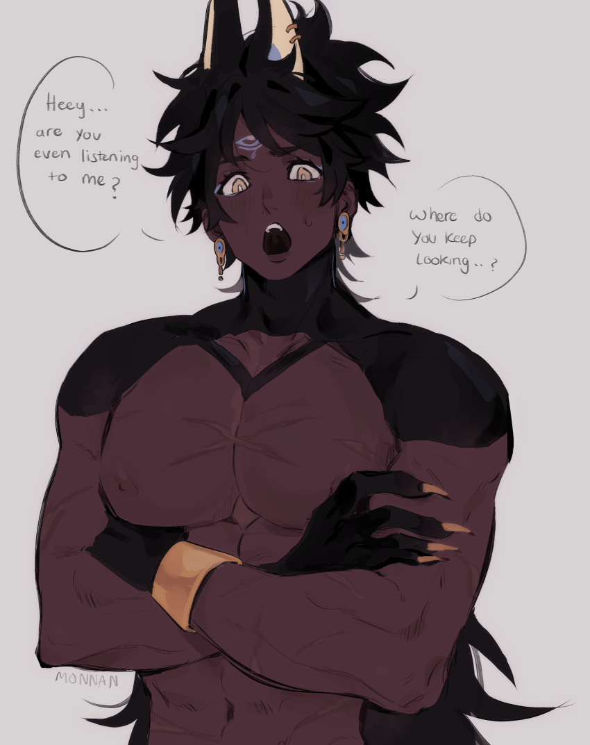 1boy, absurdres, animal_ears, anubis, black_hair, bracer, crossed_arms, dark_skin