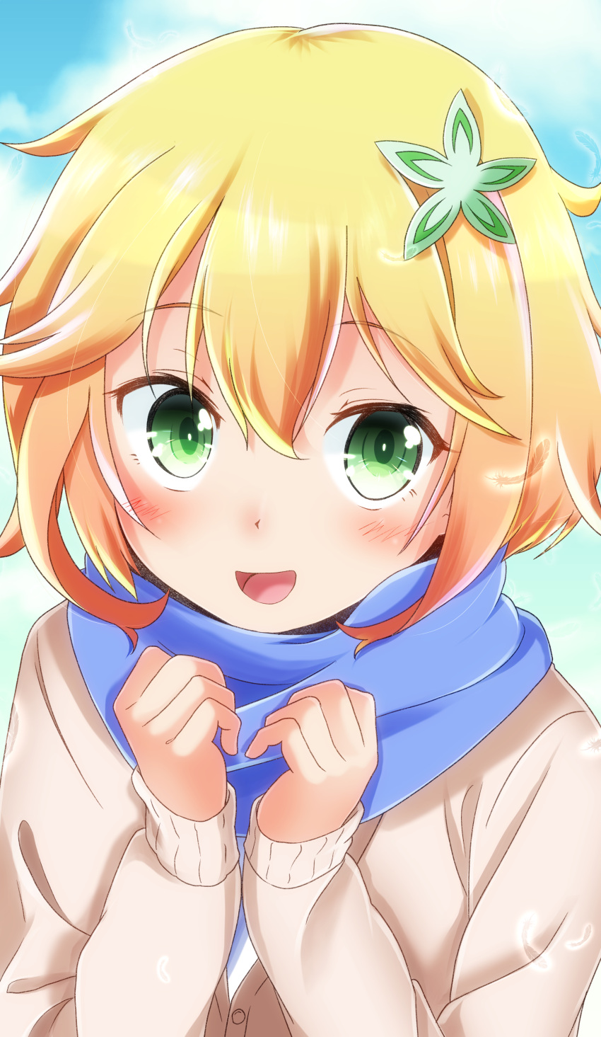 1girl, :d, absurdres, bangs, blonde_hair, blue_scarf, blush, commentary_request