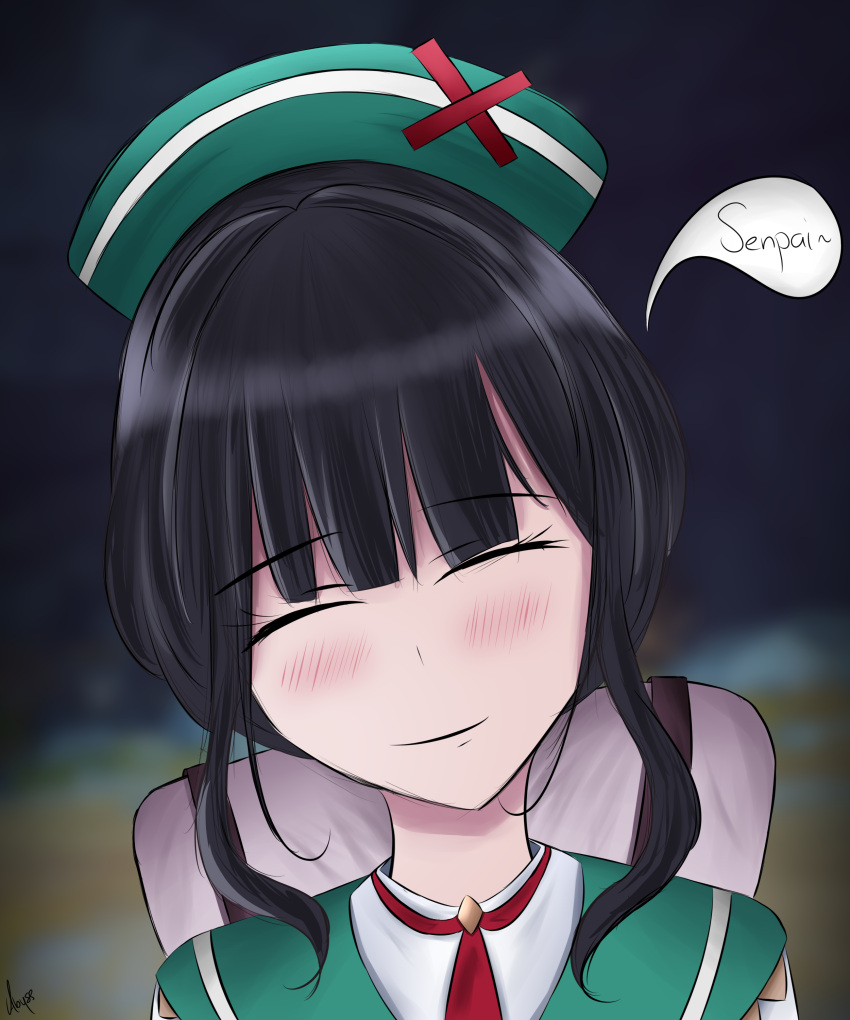1girl, absurdres, black_hair, blurry, blush, depth_of_field, english_commentary, english_text