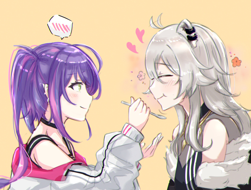 2girls, absurdres, animal_ears, bare_shoulders, black_choker, blush, choker, closed_eyes